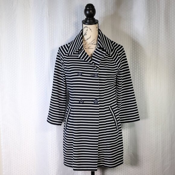 Cabi Size S blue/white stripe lightweight fitted nautical-themed jacket/trenchco - Picture 1 of 14